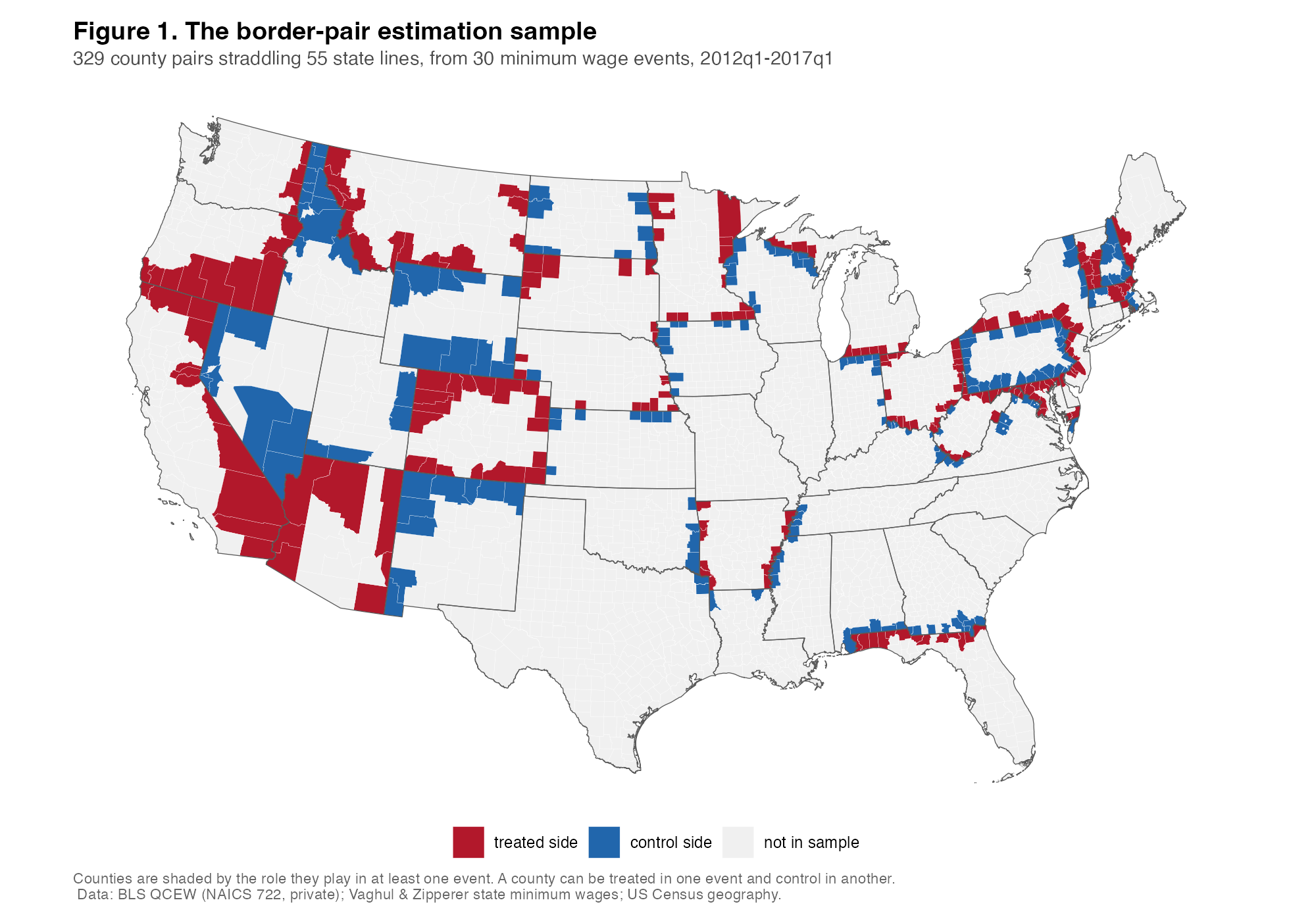 Map of the contiguous United States with
   treated-side and control-side border counties shaded.