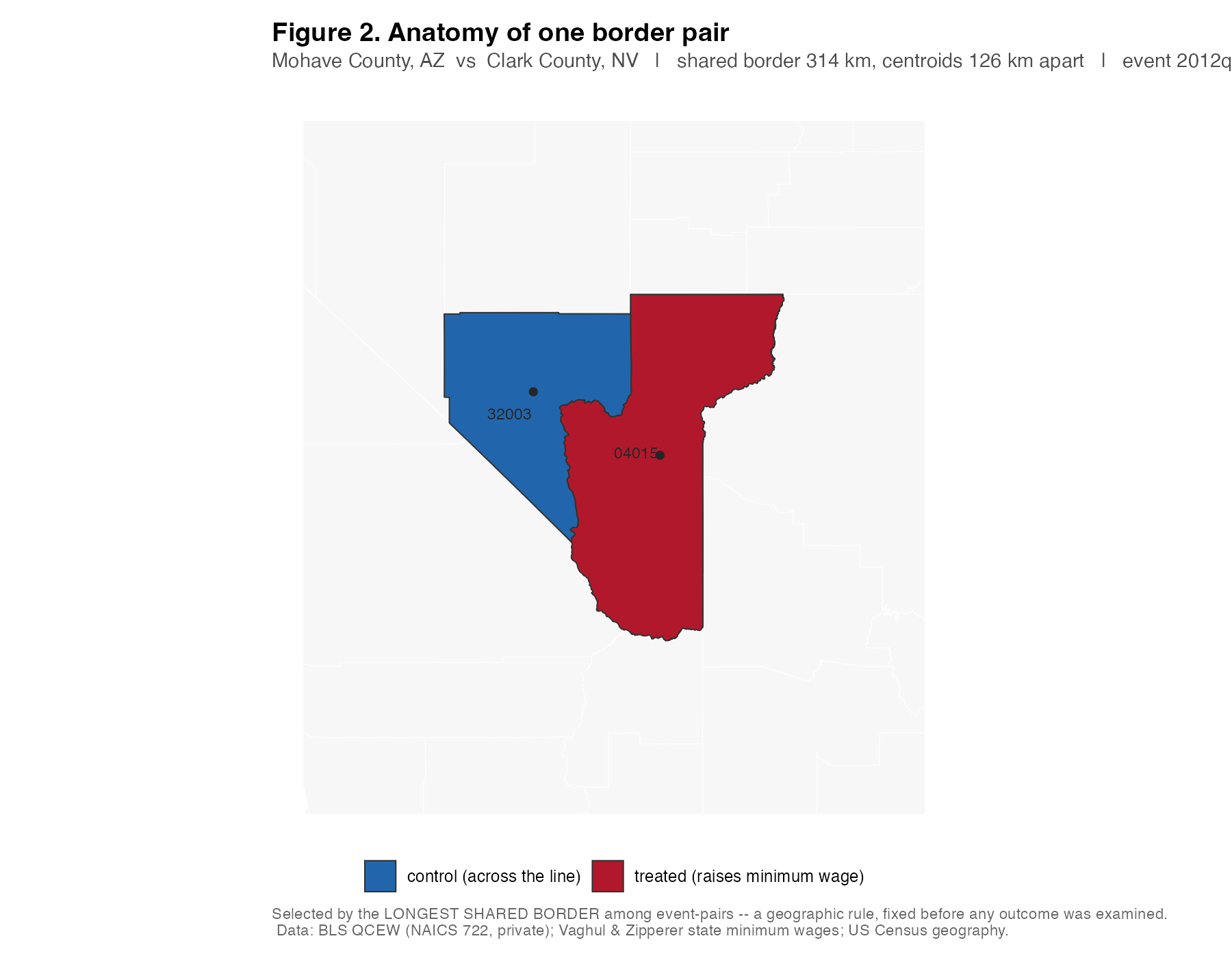 Detail map of a single border county pair, with the
   treated county and its cross-border control shaded.